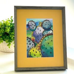 Framed & Matted Original Watercolor Painting Prickly Pear Cactus In Yellow Mat